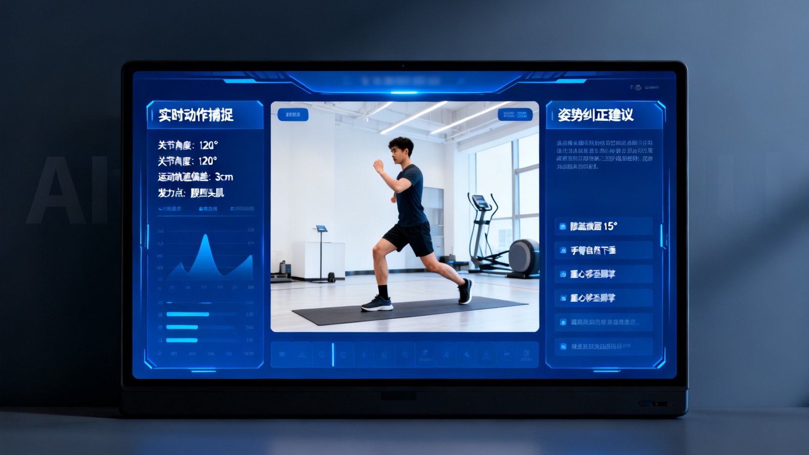 一块显示AI运动分析数据的屏幕界面，实时捕捉用户动作并给出姿势纠正建议。