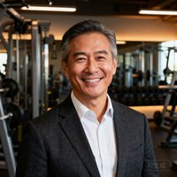 一位穿着商务休闲装的中年男性连锁健身房创始人的肖像照片，面带微笑，背景为健身房训练区域。