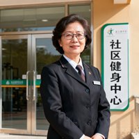 一位戴着眼镜的中年女性社区文体中心主任的照片，穿着正式工装，站在社区健身中心入口处。
